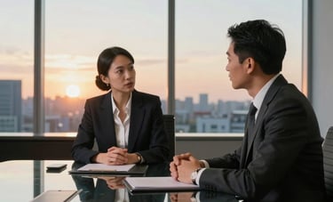 A high-end, modern North American boardroom. Two professionals in elegant business attire are engaged in a collaborative discussion over a glass table with a view of a tranquil cityscape at sunset.