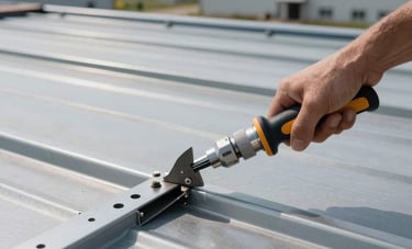 A close-up photograph of specialized tools being used to repair a metal commercial roof after a storm in a North American industrial park, focusing on precision and strength.