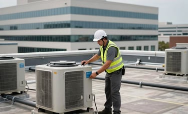 Professional commercial roofing contractor inspecting a rooftop HVAC unit and drainage system on a large North American office complex, industrial expertise style, overcast soft lighting.