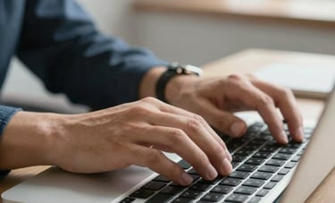 Close-up of a North American / US professional's hands typing at a sleek laptop in a bright office environment, signifying efficient and reliable payroll management.