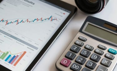 Clean North American / US desk setting with a tablet showing financial growth charts and a professional calculator, representing precise bookkeeping and modern accounting.