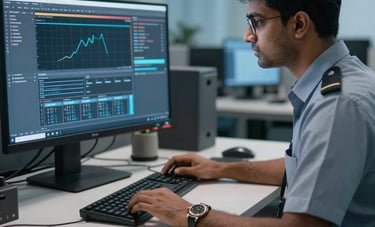 Close-up of a high-tech workstation in a sleek office in India, focusing on professional software tools for policy enforcement, soft blue ambient lighting, clean and professional atmosphere.
