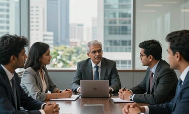 A professional South Asian / Indian team discussing digital security strategies in a sleek, glass-walled corporate boardroom in a modern city like Bangalore, daylight, business professional attire.
