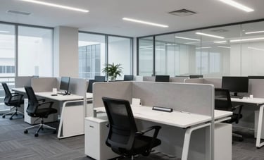 Professional office environment in Virginia, sleek glass partitions, minimalist desks, charcoal gray carpet, impeccably clean and organized, bright cool lighting, modern commercial photography.