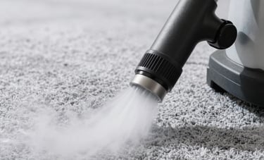 Close-up of a professional steam cleaning machine nozzle working on a textured light silver gray carpet, water vapor visible, deep clean action, bright daylight, photography in Virginia.