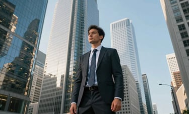 A professional wide-angle shot of an ambitious individual in business attire standing in a bustling global financial district with skyscrapers and glass buildings. Clear blue sky. International English / Global context. Professional and modern atmosphere.