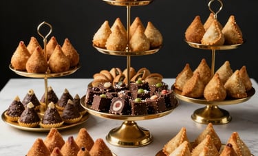 A sophisticated spread of Brazilian party snacks, including coxinha, kibe, and empadinhas, arranged on elegant tiered Gold platters. The composition is clean and modern, suitable for a professional catering presentation in a South American corporate setting.