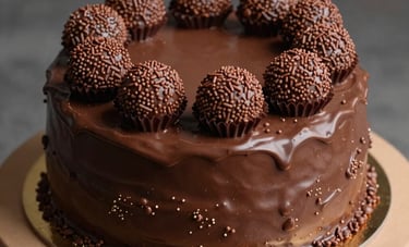 An elegant chocolate cake with gourmet brigadeiros on top, displayed on a Tan colored pedestal. The photography is professional with a shallow depth of field, focusing on the texture of the chocolate and the Muted Brown tones of the sprinkles. South American style.