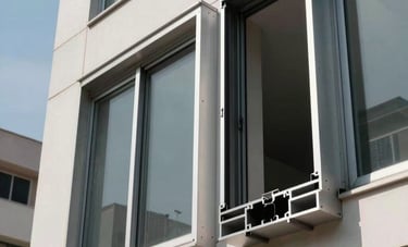 Architectural photography of high-quality aluminum window frames installed in a modern building facade. The composition highlights the clean lines and metallic finish under the clear sky of a Hispanic / Latin American urban area.