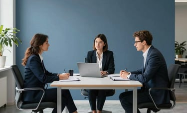 High-end business consulting setting in Bratislava, a minimalist office with muted blue and silver accents, professional atmosphere with natural lighting, Central European decor.