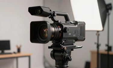 A professional creative studio with high-quality audio and video production equipment, soft artistic lighting, and a clean environment suggesting innovation in a Slovak context.