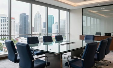 A wide-angle, professional photograph of a luxury corporate boardroom in San José, Costa Rica. Elegant navy blue chairs surround a polished glass table, with floor-to-ceiling windows showing a modern city skyline. The style is premium, clean, and sophisticated.