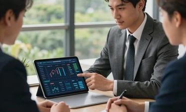 A professional consultant in business attire having a meeting in a bright, modern office with a view of Central American greenery. They are pointing at a digital financial dashboard on a tablet. The atmosphere is professional, trusting, and collaborative.