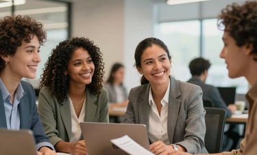 A diverse group of South American / Brazilian office workers smiling and collaborating in a modern, light-filled lounge, representing health and professional well-being.