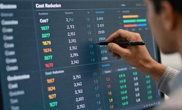 A detailed close-up of a modern corporate dashboard on a glass screen being analyzed by a South American / Brazilian professional, focusing on cost reduction data.