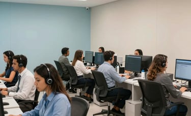 A wide shot of a modern, efficient call center in South America. Brazilian team members in professional attire collaborating in a bright, airy space with light blue and beige walls. Clean lines, professional atmosphere, and bright cinematic lighting.