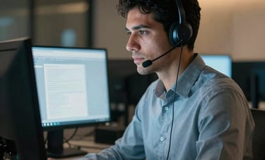 A night scene in a corporate building. A focused South American / Brazilian professional man wearing a high-quality headset, illuminated by the glow of computer monitors. Soft muted blue and gold ambient lighting. High-end professional photography.