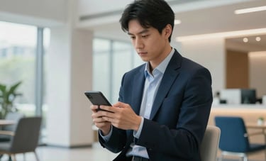 A person in professional attire reading on a digital device in a bright, modern US corporate lounge, clean architectural lines, sophisticated blue and steel blue accents.
