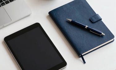 A clean, well-lit overhead shot of a minimalist workspace in a North American office, featuring a tablet, navy notebook, and navy pen, professional and high-quality feel.