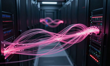 An abstract wide-angle shot of glowing data streams and neon pink fiber optic cables weaving through a dark server room in a high-tech North American data center.