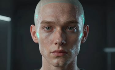 A cinematic close-up of a digital human avatar with subtle neon cyan accents on the skin, set against a dark, minimalist futuristic studio background in Los Angeles.