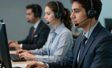 A modern South American / Brazilian call center at night, with professional staff working under soft blue and gray lighting, creating a mood of 24/7 reliability and focus.