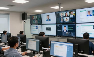 High-tech monitoring station in a South American / Brazilian corporate office, featuring multiple screens showing customer service interfaces, modern ergonomics, and bright lighting.