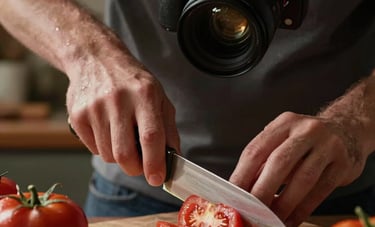 A close-up action shot of a professional photographer in a Western European kitchen, capturing cinematic video of fresh tomatoes being sliced. The lighting is warm and moody, emphasizing textures and vibrant Deep Ripe Crimson colors.