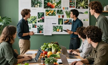 A group of digital marketing professionals in a Western European creative studio planning a campaign. They are surrounded by mood boards and fresh organic produce, creating a down-to-earth yet expert atmosphere with Matte Forest Green accents.