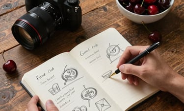 A top-down view of a rustic wooden table in a North American / European studio. Hands are sketching content ideas in a notebook next to a camera lens and a bowl of ripe cherries. Sophisticated, high-contrast lighting.