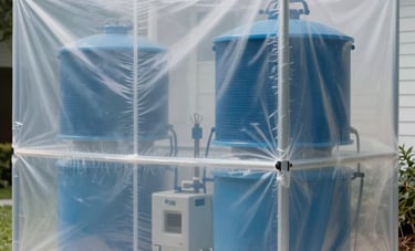 Photography of a high-tech containment area in an Orlando, Florida residence. Heavy-duty plastic sheeting creates a sealed barrier, with blue HEPA air scrubbers working in the background to filter contaminated air. Professional and secure atmosphere.