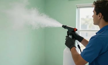 A specialist in a North American / US (Florida) commercial building applying an eco-friendly antimicrobial spray fogger to a room. The scene is bright and highlights safety, cleanliness, and advanced sanitation technology with soft green and blue accents.