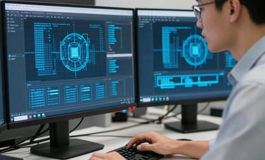 An expert technician in a modern North American / US office setting, focusing on a multi-monitor display showing bright blue digital security encryption patterns, dark navy background.