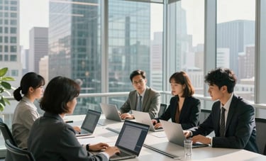 Wide-angle photograph of a clean, sunlit glass boardroom in a US city skyscraper, where a collaborative team works on innovative software solutions, professional and clean aesthetic.