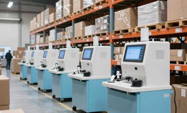 The interior of a clean and organized logistics warehouse in South America. The space is filled with neat shelves and modern packaging equipment. The lighting is professional and bright with light blue accents, conveying an atmosphere of high-tech efficiency and reliability.