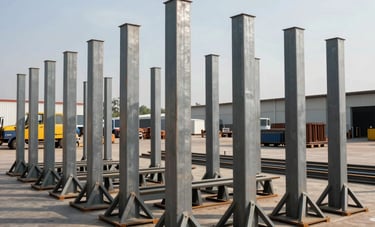 Wide shot of pre-fabricated steel columns and triangular trusses arranged in a logistics yard in Brazil. The setting is clean and industrial under a clear sky, emphasizing reliability and professional distribution.