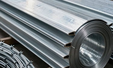 Close-up of industrial galvanized steel sheets and rolls of smooth and barbed wire in a clean warehouse environment. Professional lighting highlights the silver metallic finish, South American / Brazilian construction material style.