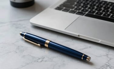 A minimalist workspace featuring a silver laptop and a luxury pen on a marble desk, representing financial restoration and success, dark blue accents, high-end photography.