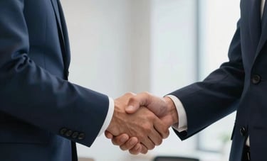 Close-up of a professional lawyer in a navy suit shaking hands with a client in a bright, modern office, focused on trust and professionalism, European French style.