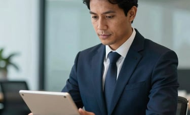 A professional South American &amp;#x2F; Brazilian individual in business attire, looking calmly at a digital tablet. The setting is a contemporary office with soft navy and light blue accents. The mood is one of reliable guidance and professional support.