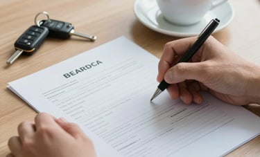 Close-up of hands filling out a form on a wooden table in a bright South American &amp;#x2F; Brazilian office. Beside the paper is a set of car keys and a cup of coffee. The composition is clean and focused, using a palette of light blue and pale gray.