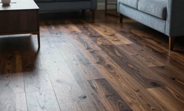 A serene North American living area with sunlight highlighting the grain of a perfectly polished dark wood floor. Meticulously arranged furniture and dust-free surfaces. Professional photography, sharp focus, clean and airy vibe using muted blue and gray tones.