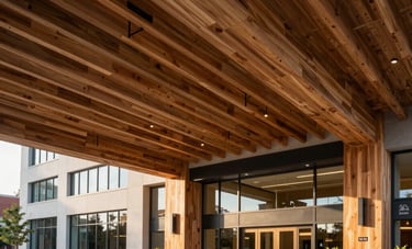 A professional architectural photograph of a grand North American headquarters entrance. High ceilings and sustainable wood accents create an inviting yet powerful atmosphere, reflecting the scale of a large, dependable company.