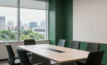A sleek, North American boardroom with large windows overlooking a green urban landscape. The room is modern and organized, using dark green and off-white tones to evoke a sense of professional reliability and growth.