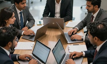 An overhead shot of South Asian legal professionals collaborating around a polished table with laptops and professional stationery in a Gurugram office.
