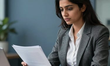 A focused South Asian female expert in professional business attire analyzing legal documents in a modern, slate-blue themed office environment.