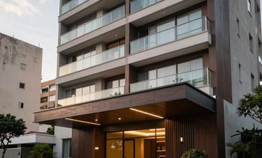 Exterior photography of a modern Brazilian apartment building entrance in a residential neighborhood of Belo Horizonte. Sophisticated architecture with dark brown and silver accents, clear glass railings, and professional landscaping under a soft afternoon sky.