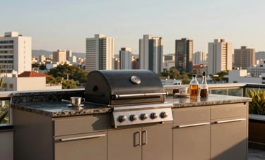 Photography of an outdoor rooftop gourmet area in a South American penthouse. Features a charcoal grill, elegant dark granite countertops, and taupe cabinetry. The background shows a clear view of the Belo Horizonte skyline during the golden hour.