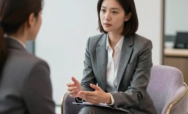 A professional and empathetic meeting in a bright, modern London office. A solicitor in a tailored business suit is providing personal guidance to a client. The composition is clean and focused, reflecting confidence and reliability. Colors featured: muted gold accents and periwinkle gray furniture.