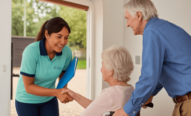 Caregiver greeting the family